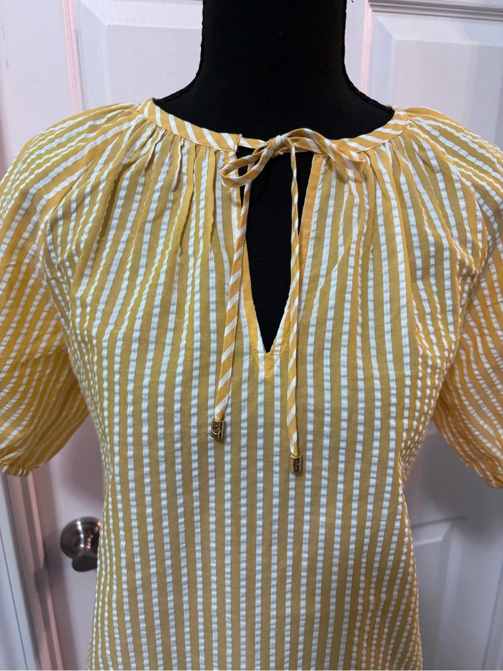 Michael Kors Yellow and White Striped Tie-Neck Blouse